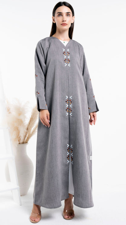 Grey color abaya with thread embroidery on frontline and sleeves