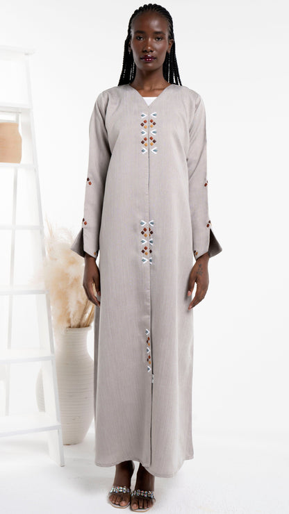 Beige color abaya with thread embroidery on frontline and sleeves