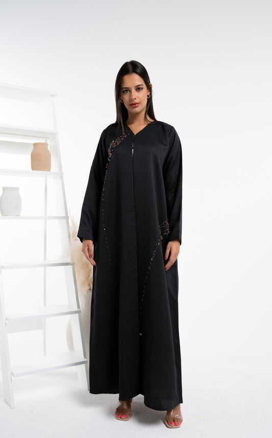 Black abaya with brown bead detailing on front and side