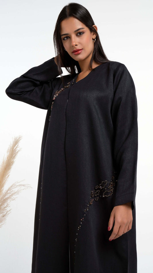 Black abaya with stylish brown bead detailing