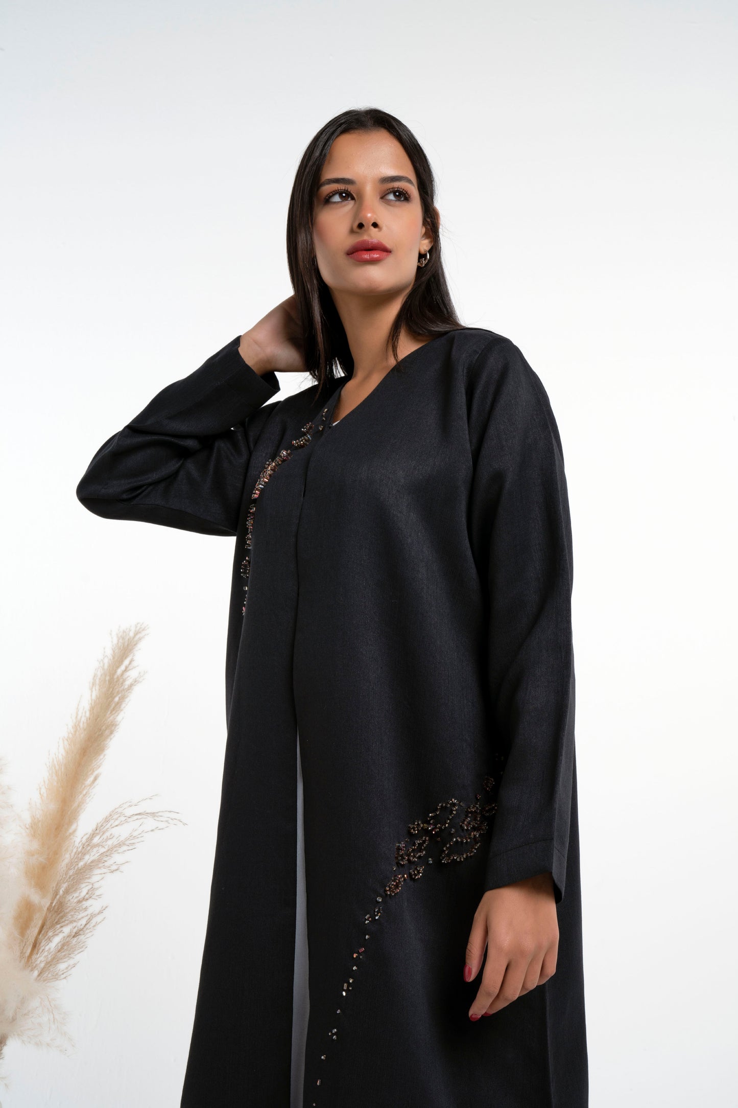 Black abaya with stylish brown bead on front and side