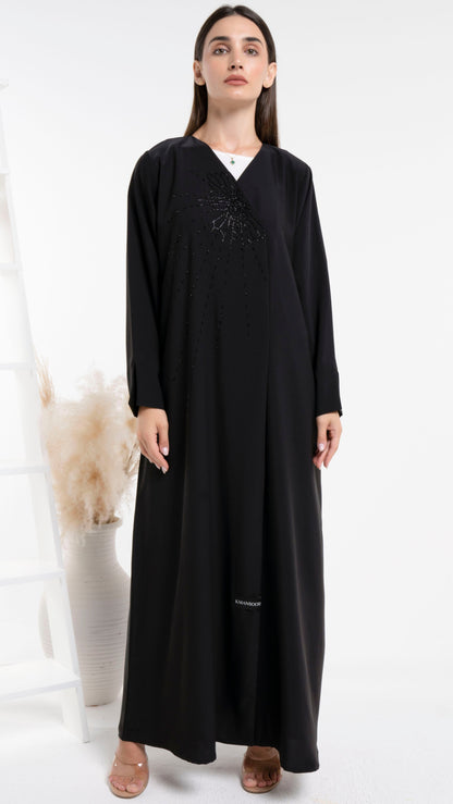 Black Overlap Abaya with bead design around neck
