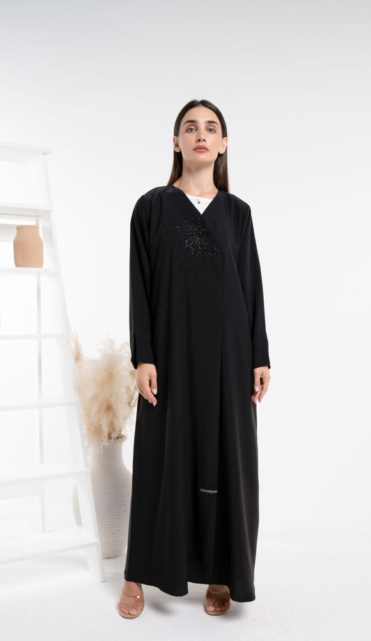 Black Overlap Abaya with bead design around neck