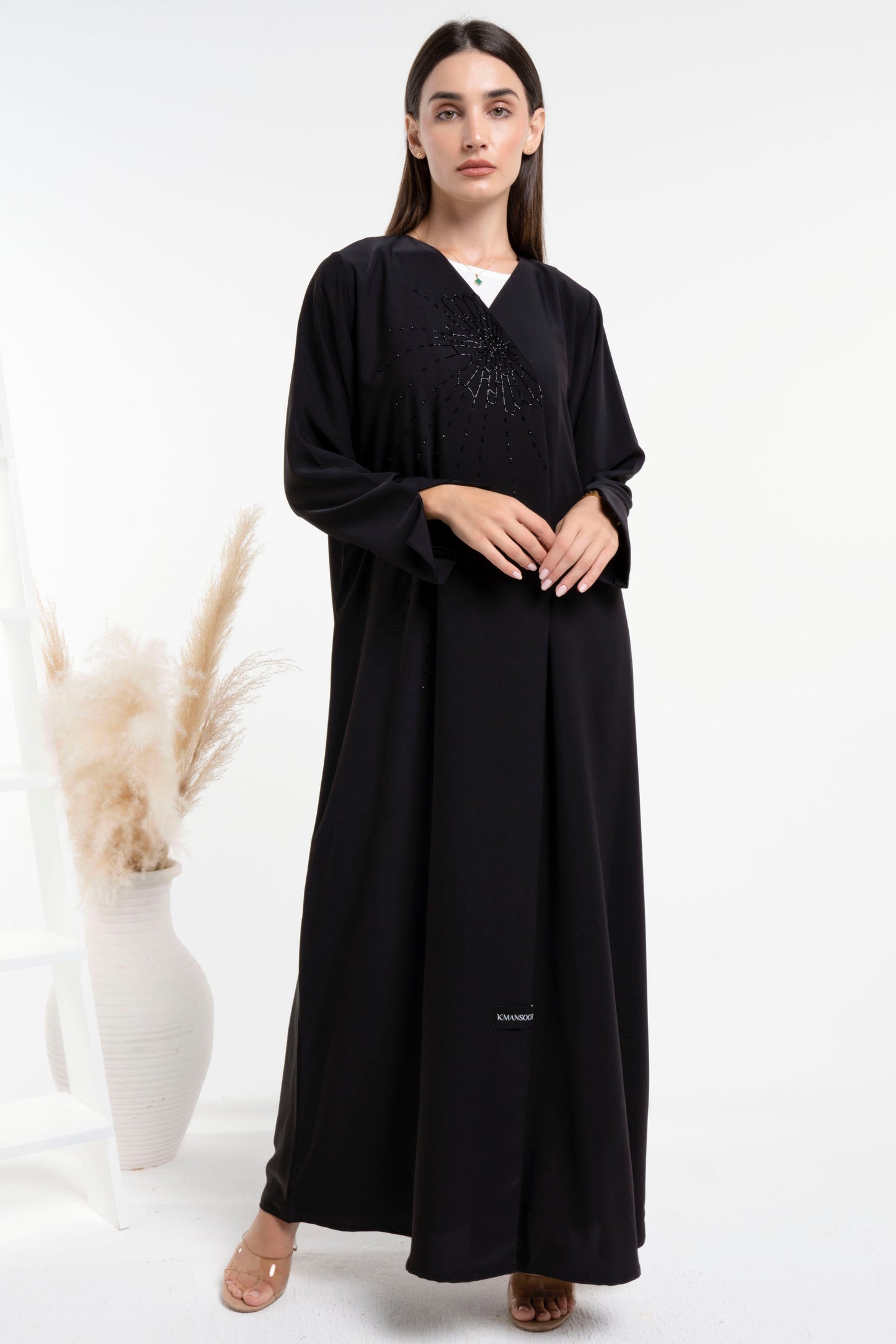Black Overlap Abaya With Black Bead Design On Neck