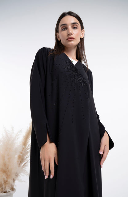Black abaya for women with black bead design on neck