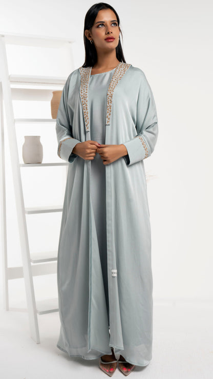 Silk satin abaya with floral embroidery on collar and cuff sleeves