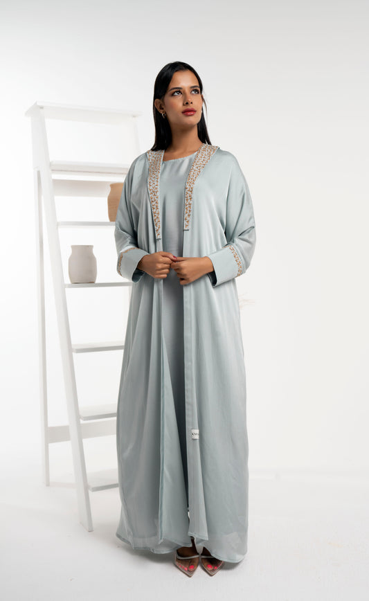 Silk satin abaya with floral embroidery on collar and cuff sleeves