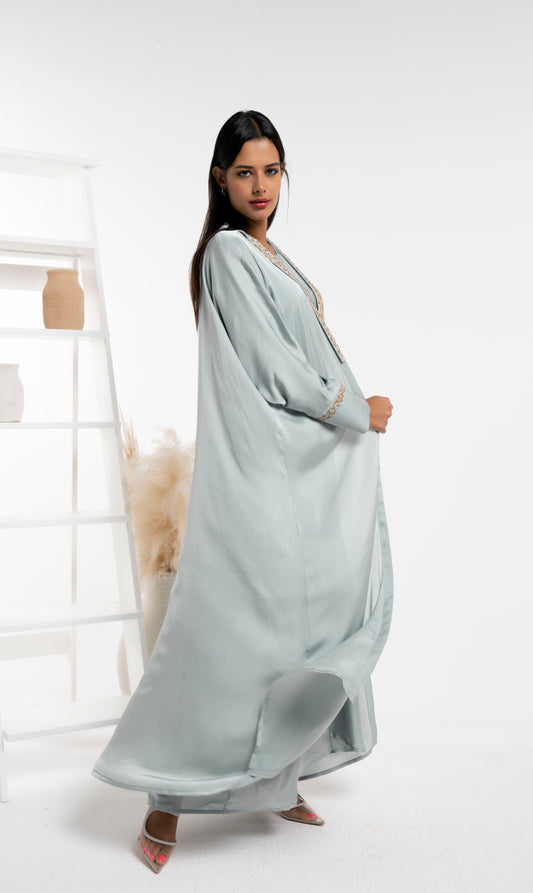 Soft Silk Satin Bisht Abaya With Floral Embroidery On Collar And Cuff Sleeves