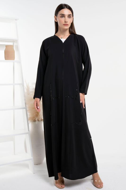 Geometric Design Abaya With Beads Work Detailing