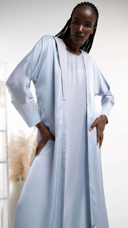 Silk stain abaya with floral embroidery on collar and sleeves 