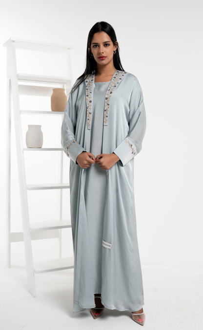 Soft Silk Satin Bisht Abaya With Floral Embroidery On Collar And Cuff Sleeves