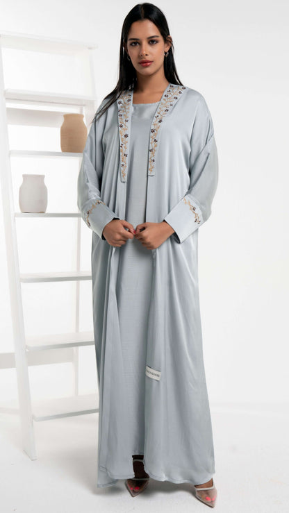 Silk satin abaya with floral embroidery on collar and cuff sleeves
