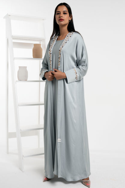 Soft Silk Satin Bisht Abaya With Floral Embroidery On Collar And Cuff Sleeves