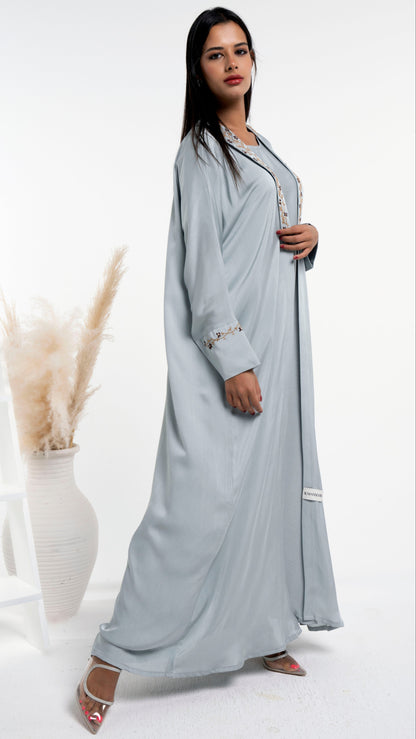 Soft silk satin abaya with floral embroidery on collar and cuff sleeves