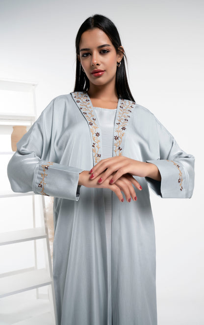 Sea Green abaya with floral embroidery on collar and cuff sleeves