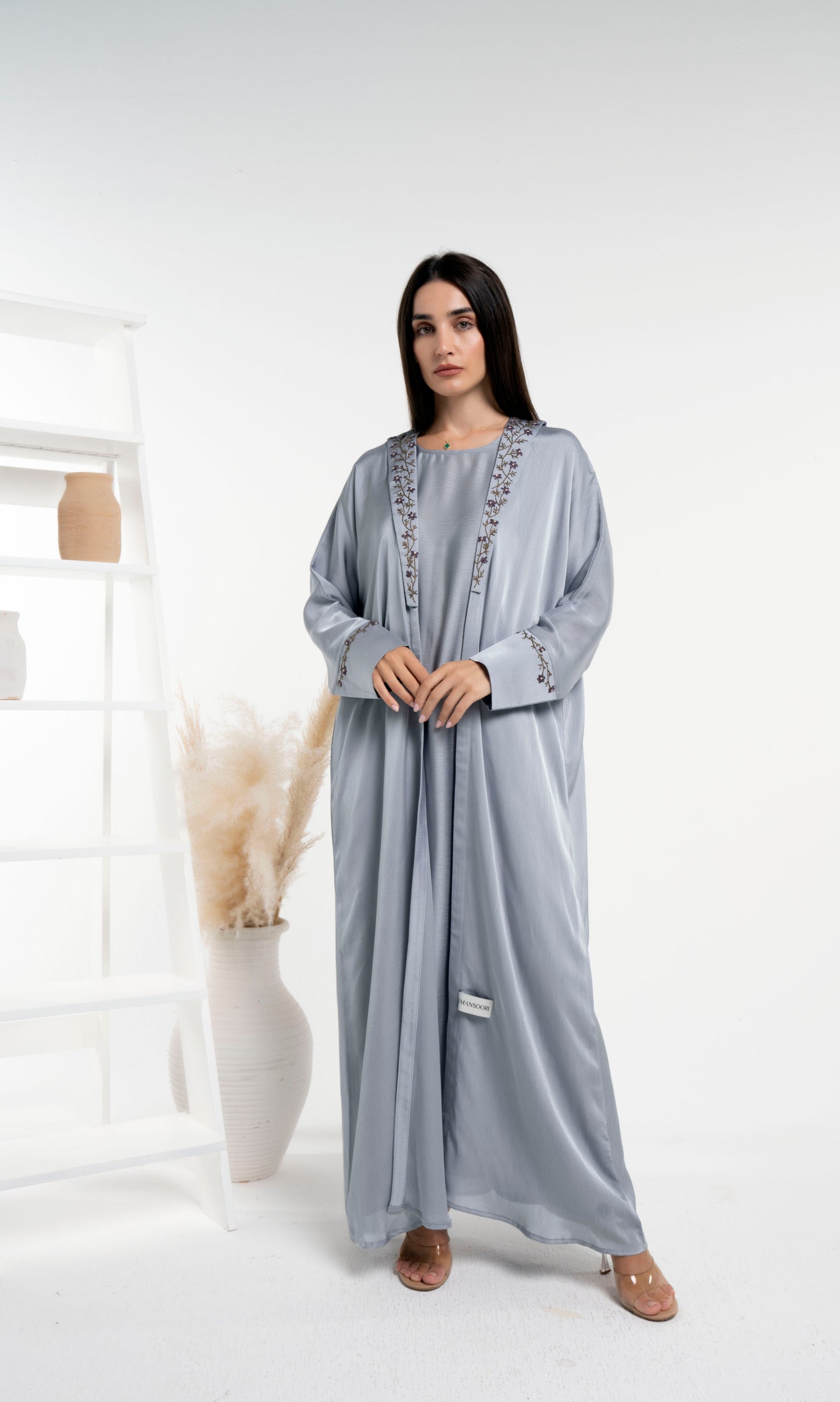 Grey silk satin abaya with floral embroidery on collar and cuff sleeves