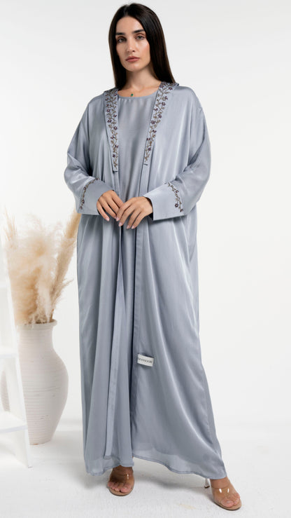 Grey silk satin abaya with floral embroidery on collar and cuff sleeves