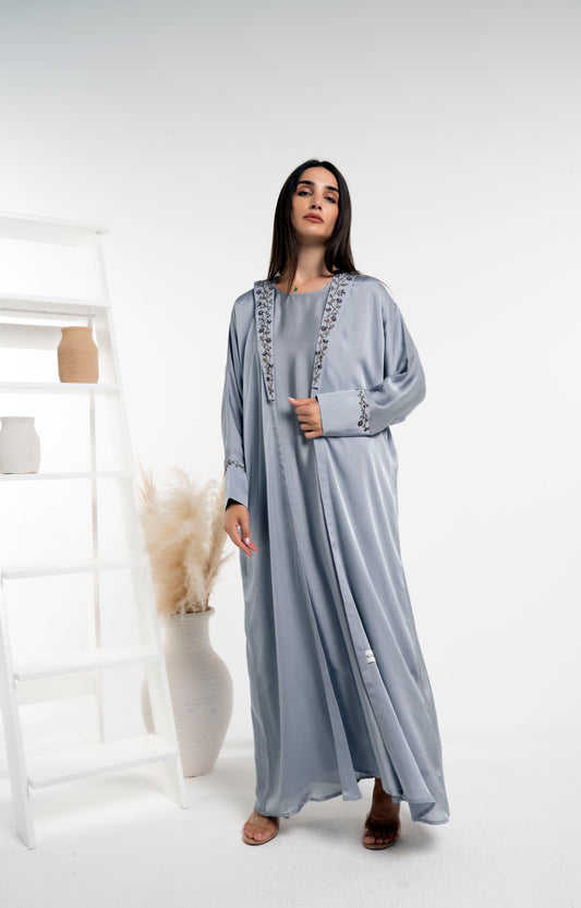Soft Silk Satin Bisht Abaya With Floral Embroidery On Collar And Cuff Sleeves
