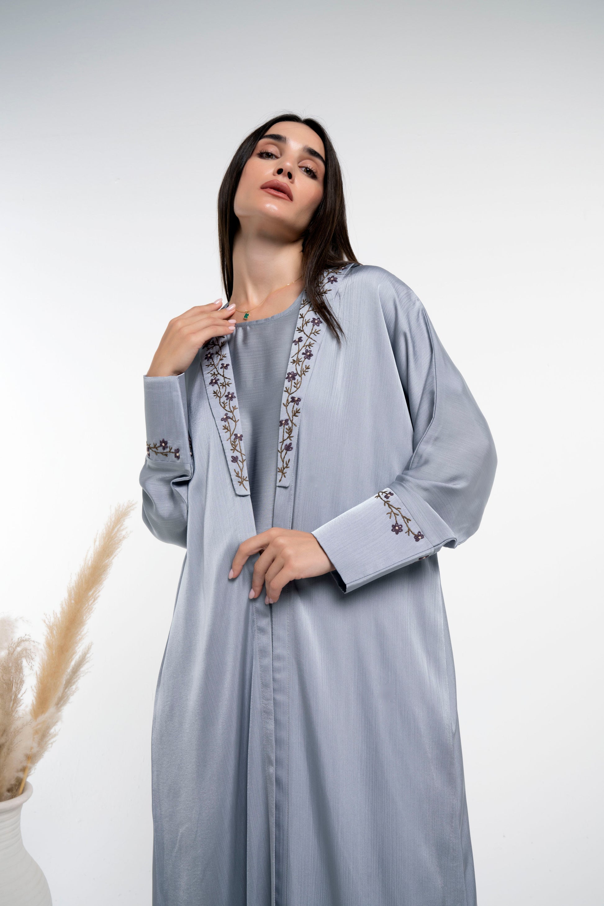 Silk satin abaya with floral embroidery for sale in Dubai