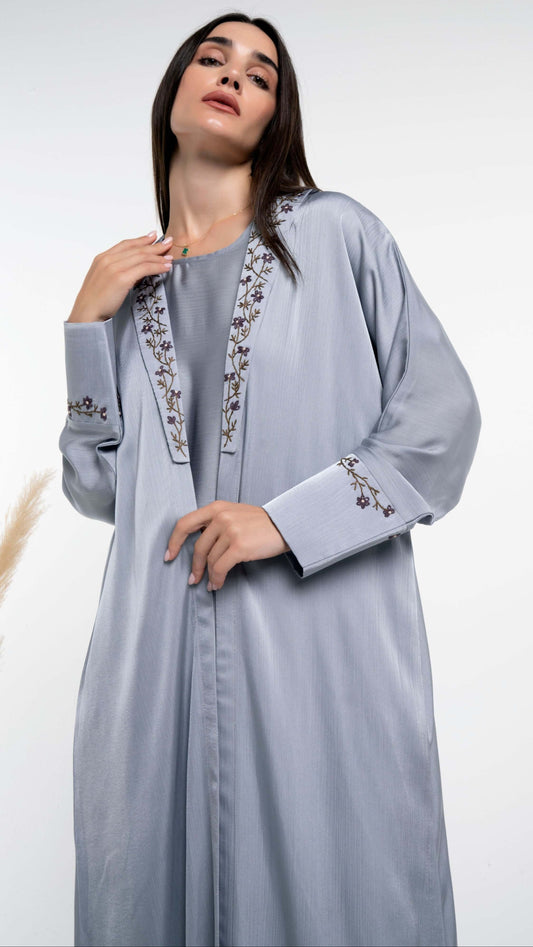Silk satin abaya with floral embroidery for sale in Dubai