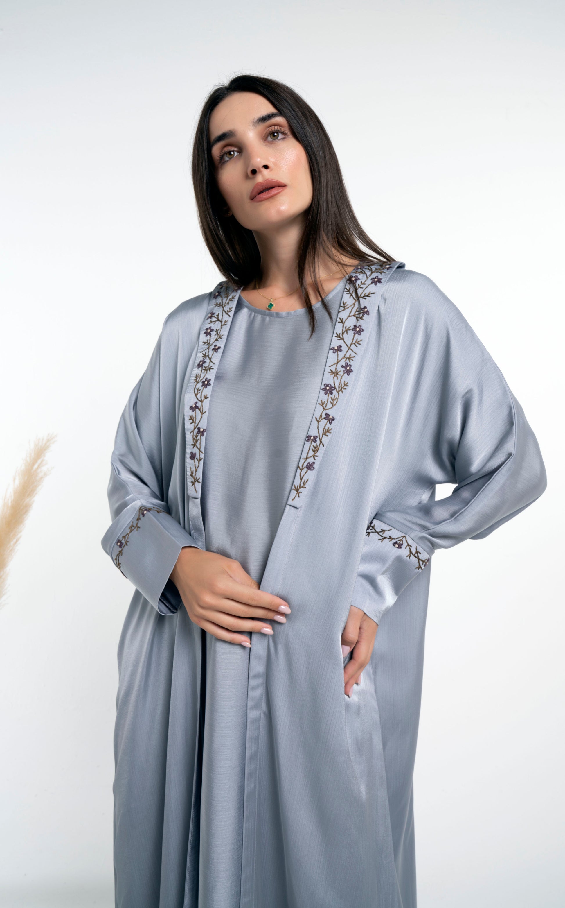 Silk satin abaya with floral embroidery on collar and cuff sleeves