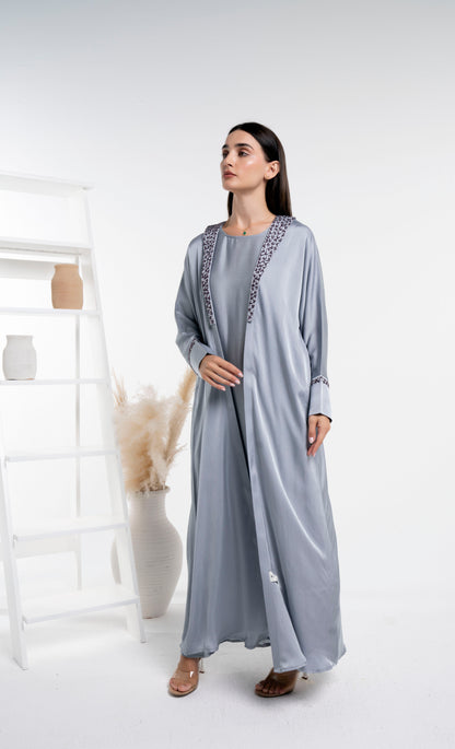 Soft silk abaya with floral embroidery for sale in Dubai
