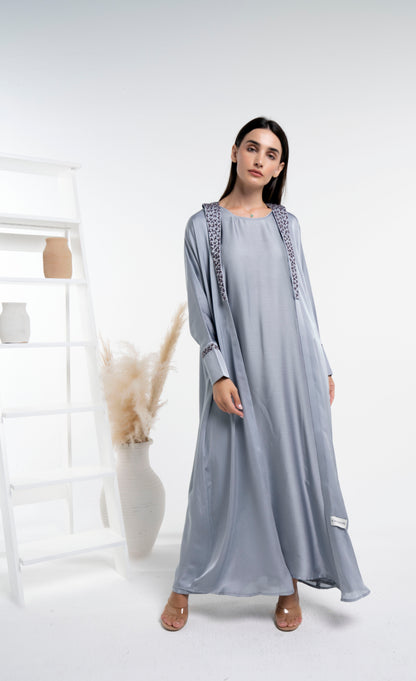 Silk grey abaya for women with floral embroidery.