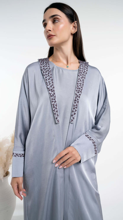 Soft silk abaya with floral embroidery on collar and cuff sleeves