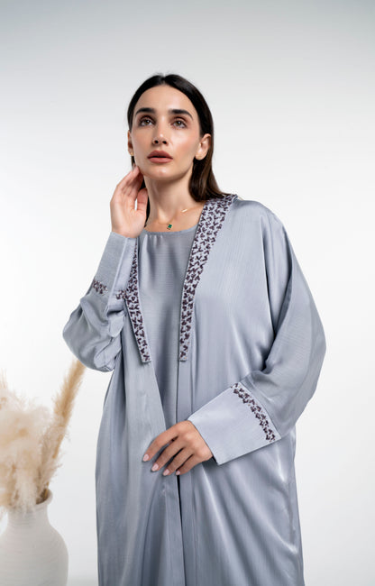 Silk satin abaya with floral embroidery