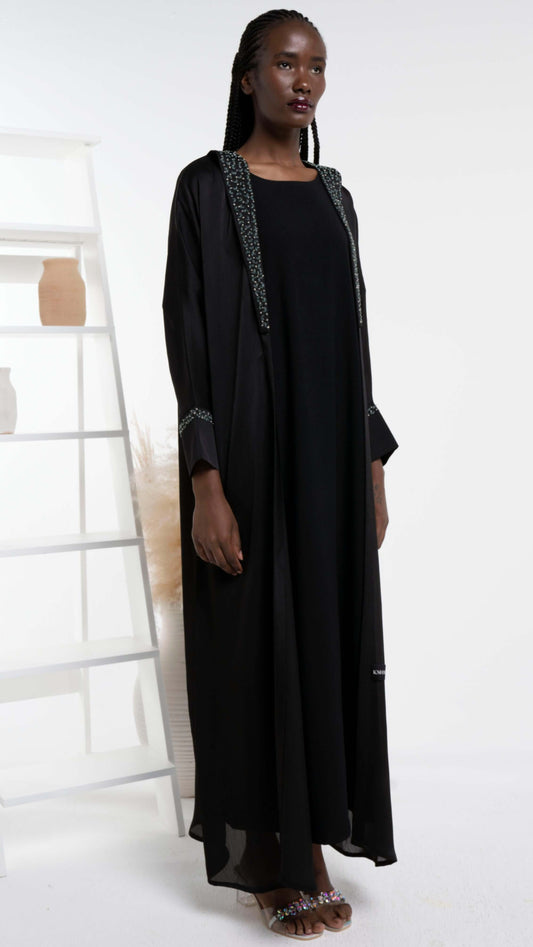 Silk satin abaya with floral embroidery on collar and cuff sleeves