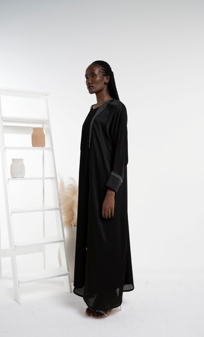 Soft Silk Satin Bisht Abaya With Floral Embroidery On Collar And Cuff Sleeves
