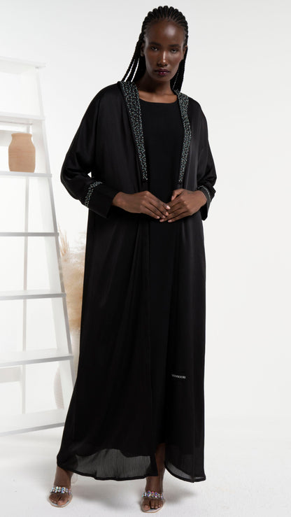 Black silk satin abaya with floral embroidery on collar and cuff sleeves