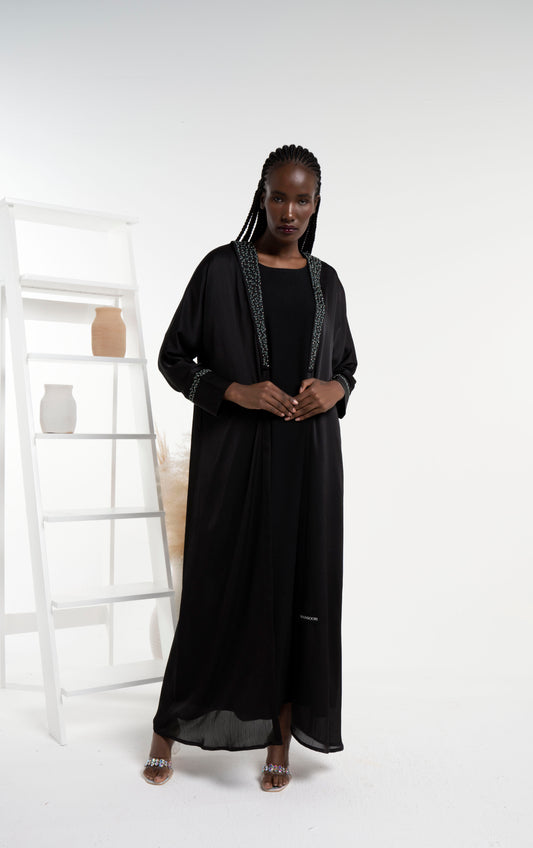 Black silk satin abaya with floral embroidery on collar and cuff sleeves