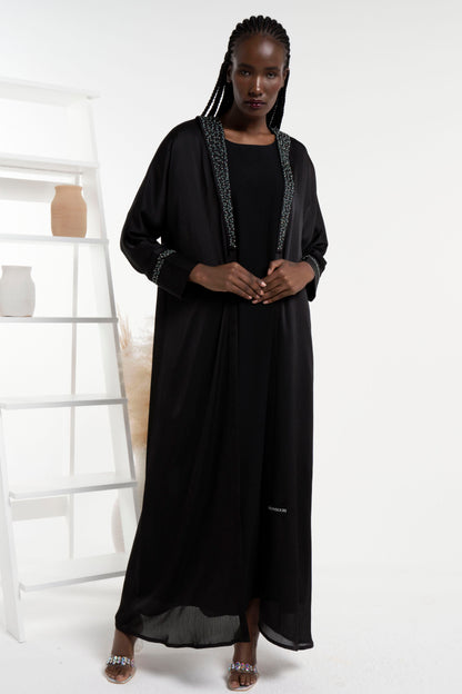 Soft Silk Satin Bisht Abaya With Floral Embroidery On Collar And Cuff Sleeves