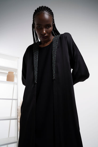 Black abaya for women with floral embroidery on collar and cuff sleeves