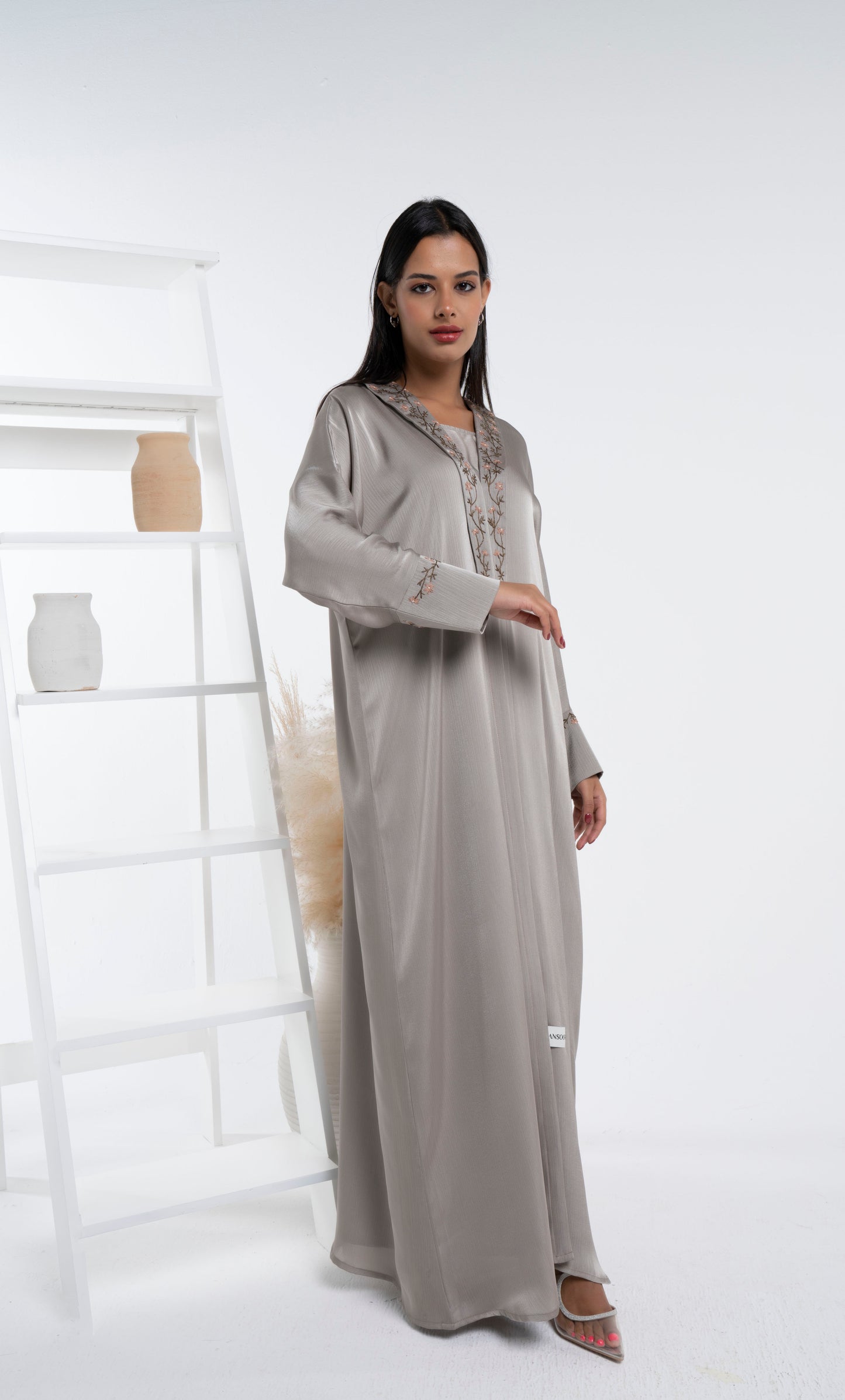 Soft Silk Satin Bisht Abaya With Floral Embroidery On Collar And Cuff Sleeves