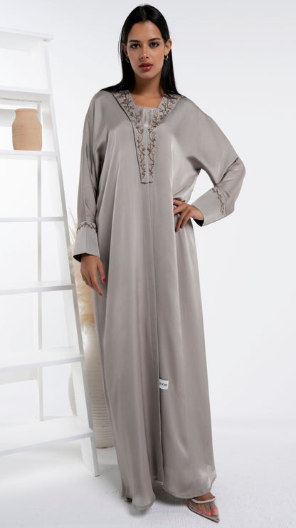 Brown silk satin abaya with floral embroidery for sale in Dubai