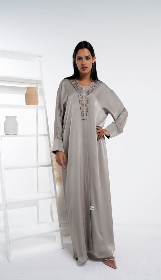 Brown silk satin abaya with floral embroidery for sale in Dubai