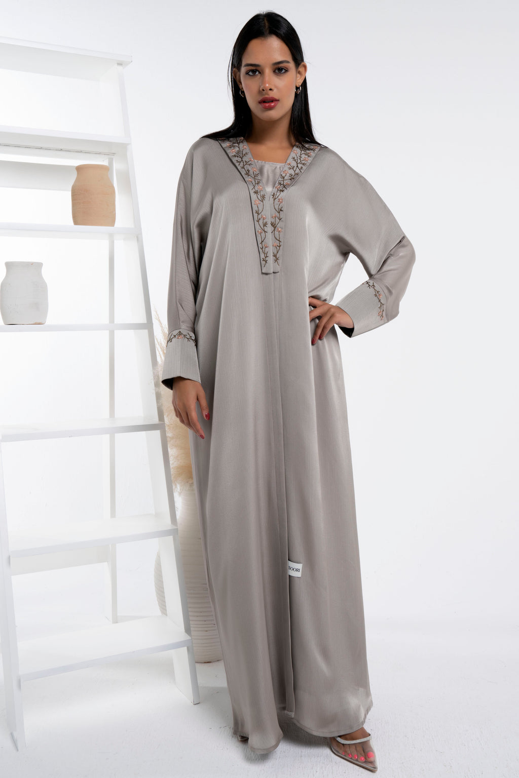 Soft Silk Satin Bisht Abaya With Floral Embroidery On Collar And Cuff Sleeves