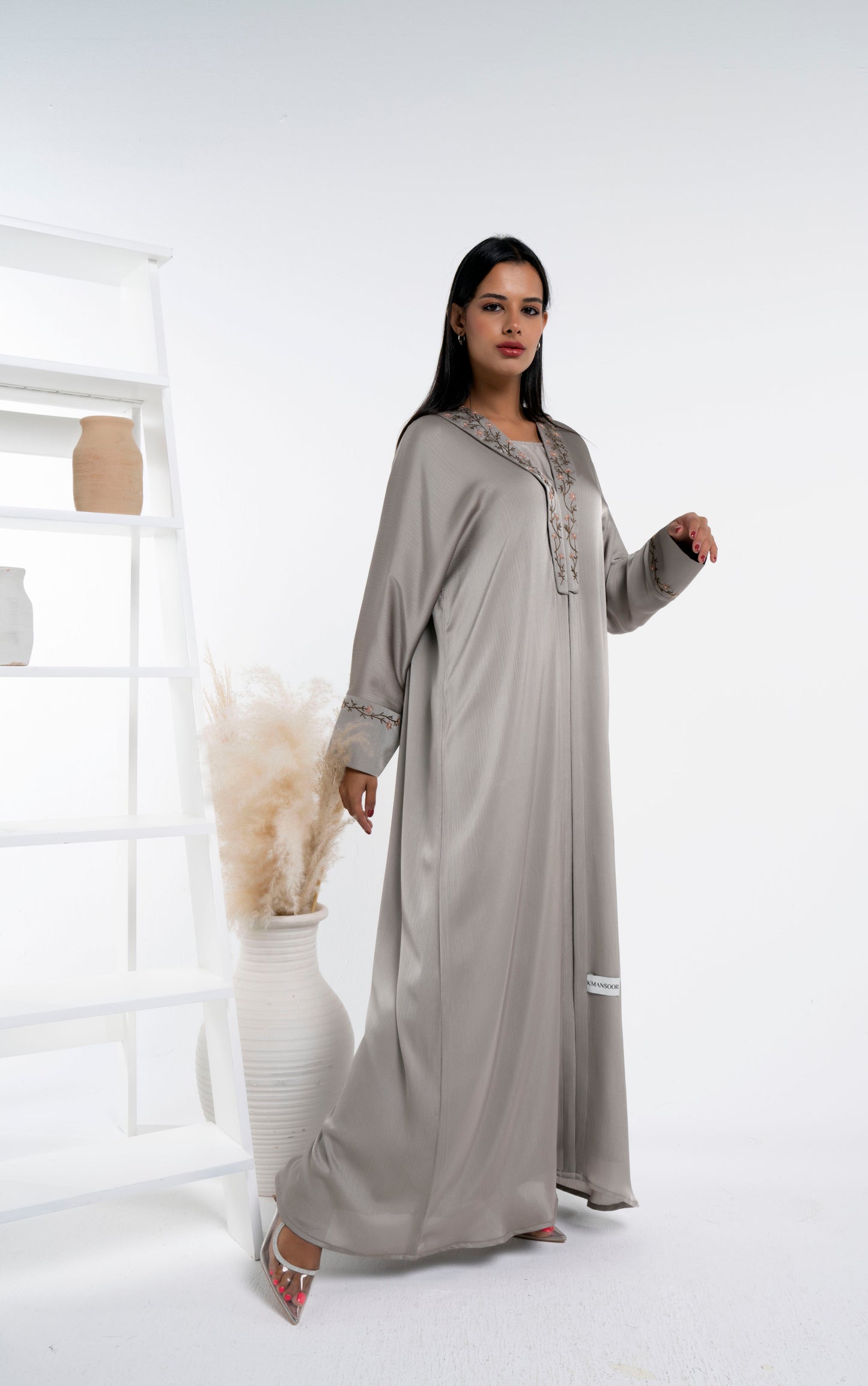 Soft Silk Satin Bisht Abaya With Floral Embroidery On Collar And Cuff Sleeves