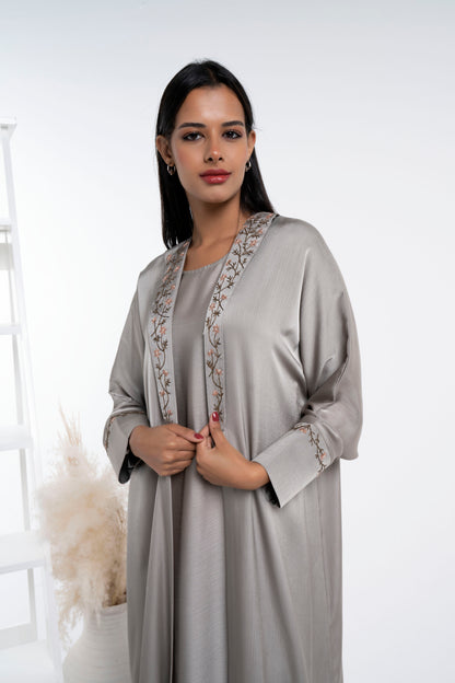 Silk satin abaya with floral embroidery on collar and cuff sleeves