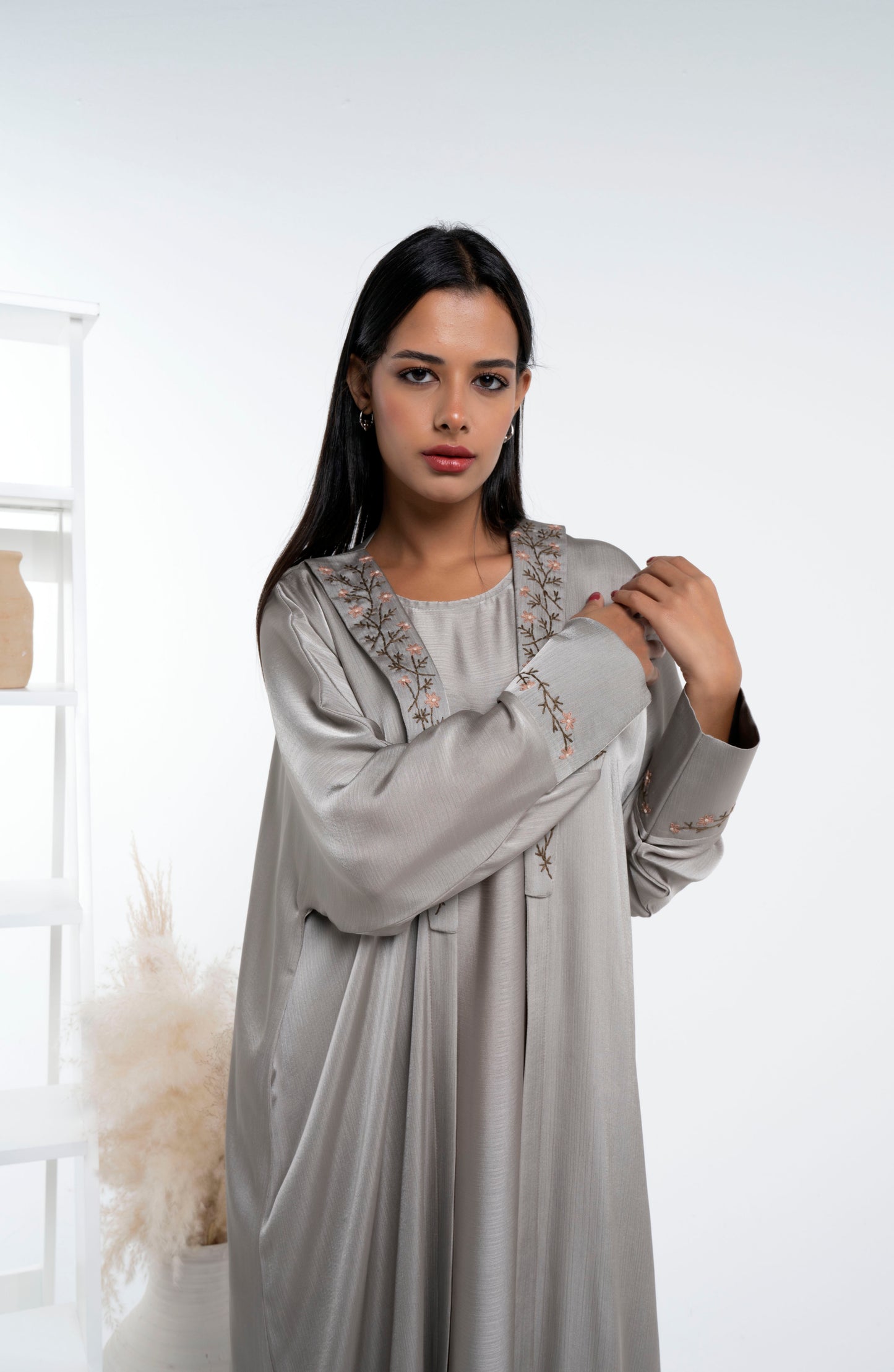 Soft Silk Satin Bisht Abaya With Floral Embroidery On Collar And Cuff Sleeves