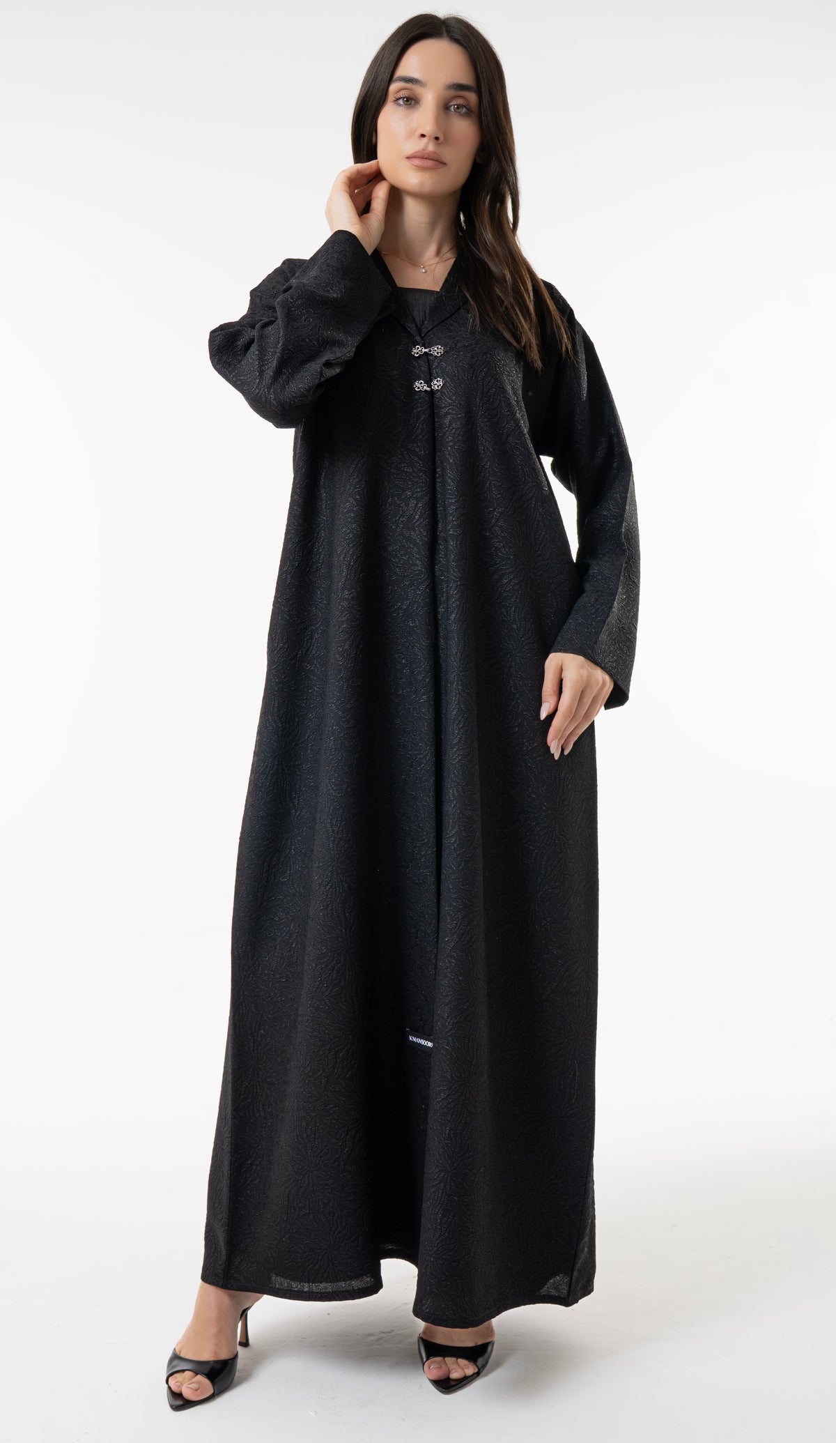 Black Jacquard Abaya With Silver Clasp Detail