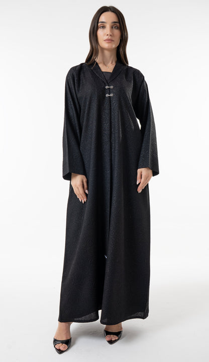 Black Jacquard Abaya With Silver Clasp Detail