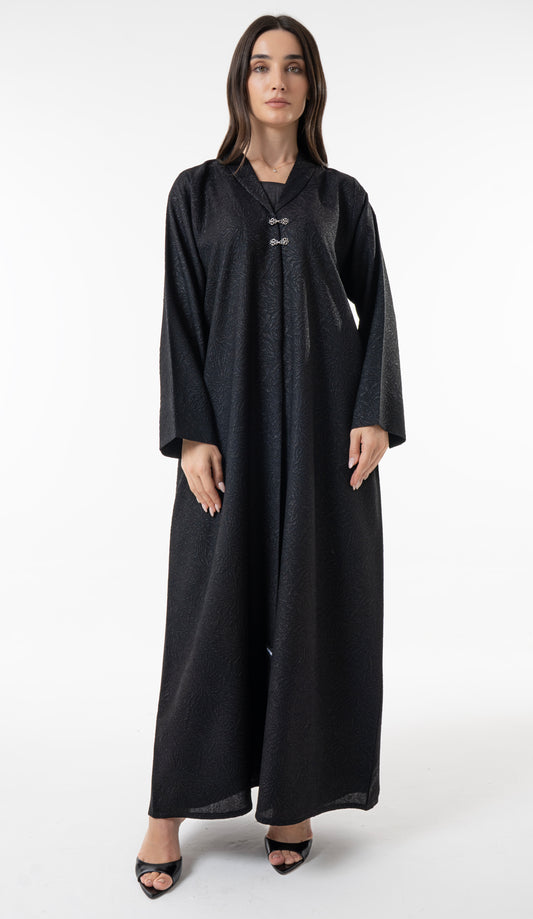 Black Jacquard Abaya With Silver Clasp Detail