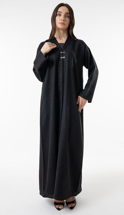 Black Jacquard Abaya With Silver Clasp Detail