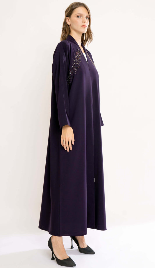Purple Highneck Abaya With Beautiful Beadwork On Front