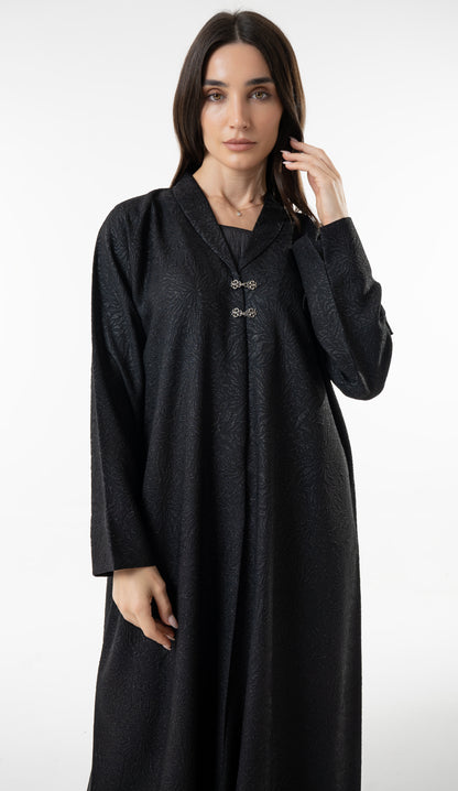 Black Jacquard Abaya With Silver Clasp Detail