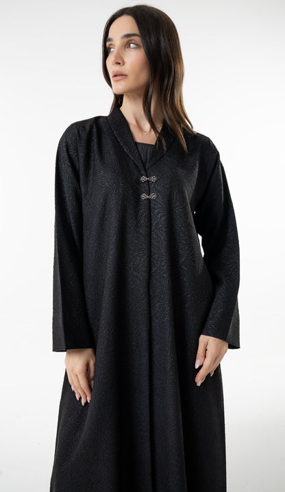 Black Jacquard Abaya With Silver Clasp Detail