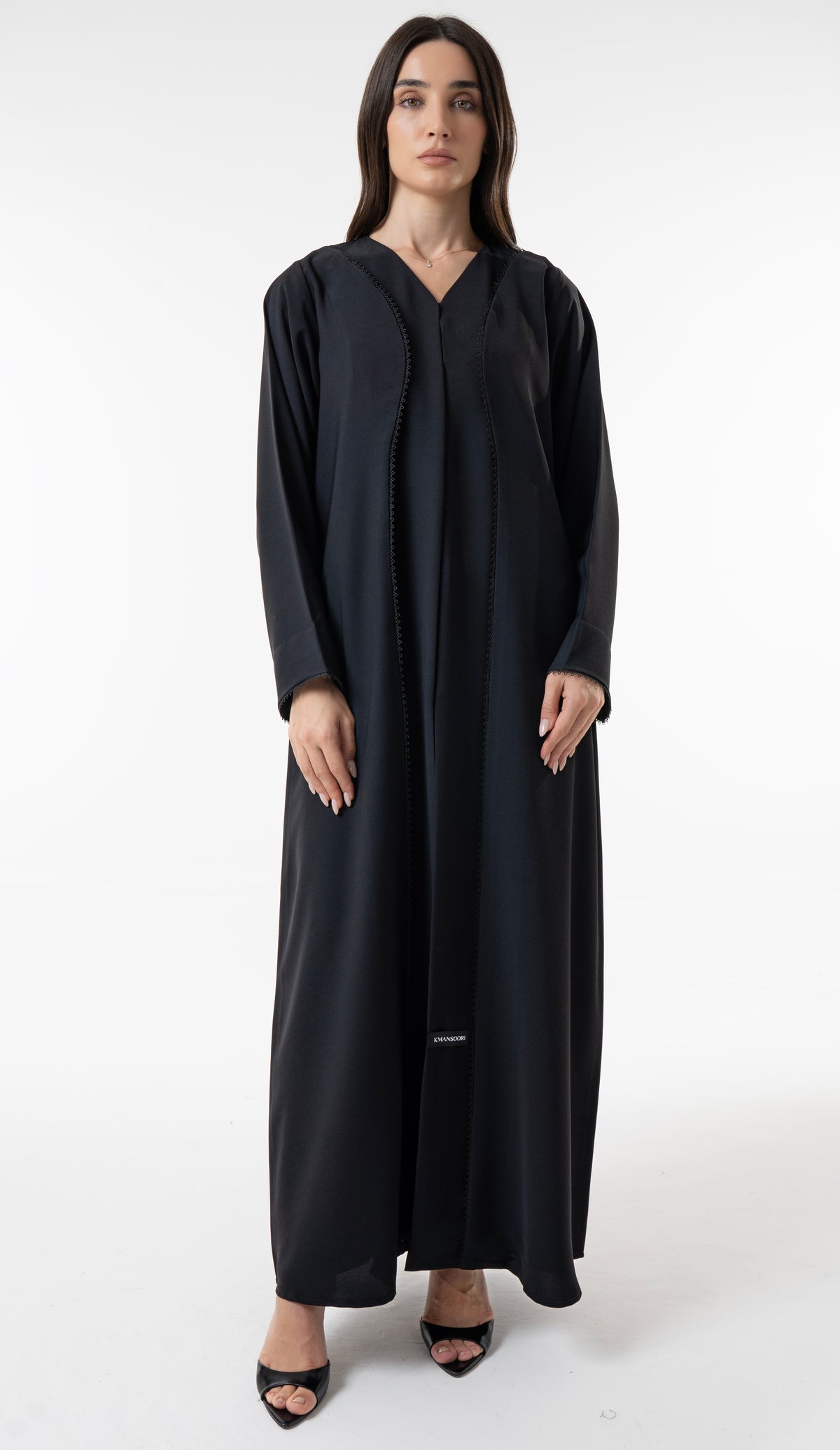 Black V-Neck Abaya With Curved Panel Lace Detail